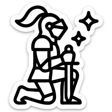 a knight kneeling with sparkles, outlined icon style sticker