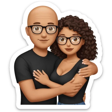 A picture of an embracing tanned couple. the man is a Mexican man with tanned skin, with a bald hair cut, and wearing a black shirt. the woman is mixed, glasses,  with long curly dark brown hair and with big boobs sticker