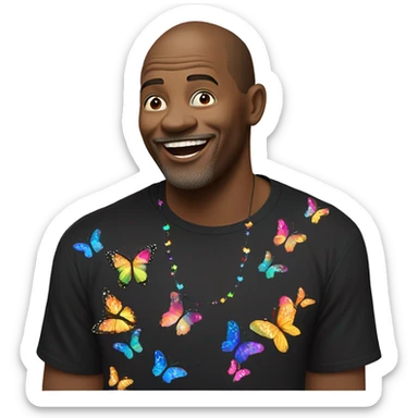 Man wearing a black shirt with colorful butterflies attached to te left sleeve and shoulder. The man in singing with a microphone sticker