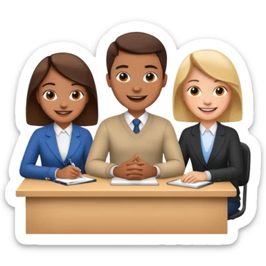 3 personas paradas. conversando sentadas cada una en su escritorio sticker