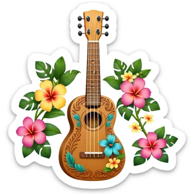 Ukulele with Polynesian carvings with flowers behind it sticker
