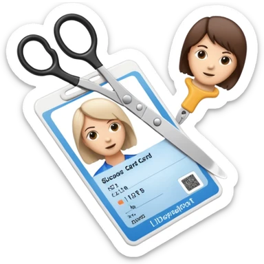 Scissors cutting ID card in 2 parts. Realistic sticker
