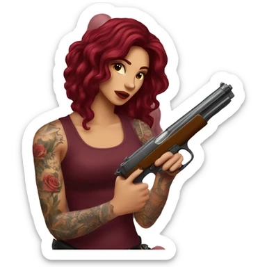 Beautiful tattooed burgundy long haired woman shooting a gun sticker