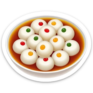 Shanghai Tangyuan sticky rice balls with colorful fillings in syrup, simplified emoji style with bold outlines and bright colors, cartoon style sweet Chinese dessert sticker