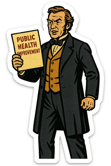 the full image of a middle aged victorian politician holding a document in his right hand which reads 'Public Health Improvement'. sticker