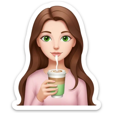 pretty woman with very long brown hair and green eyes and light pink outfit drinking a latte sticker