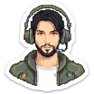 laughing man with black hair, brown eyes, black beard wearing gaming headset sticker