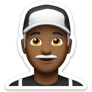 man with white cap, bright skin tone, black t-shirt sticker