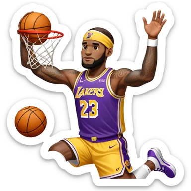 Basketball player LeBron James with headband, Lakers jersey #23, dunking sticker