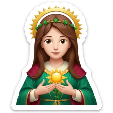 Virgin Mary with a gentle expression, looking down left, long brown hair, emerald green robe with gold stars, burgundy dress, hands in blessing gesture, halo, big sun behind, roses on both sides sticker