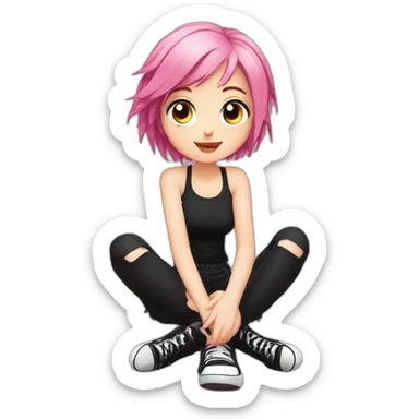Full body Front view curvy emo girl pink hair sits on the floor straight view hands up black skirt белые трусики полосатые рваные чулки sticker