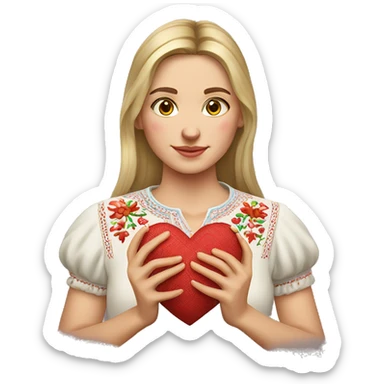 A Ukrainian woman in an embroidered shirt holds a heart in her hands sticker