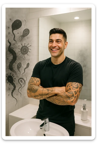 a man stands in a brightly lit bathroom, looking relieved and revitalized as he examines his reflection in the mirror. In the foreground, stylized, shadowy images of parasites (such as worms or protozoa) are shown leaving his body, dissolving into mist or fading away. His posture is upright and his expression is one of newfound energy and health. sticker