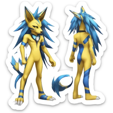 Yellow Anthro Edgy Cool Sonic-Zeraora-Anubis-Renamon-Jolteon-Pokémon-Fakémon with shiny blue stripes Full Body Detailed High Quality  sticker