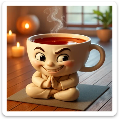 Focus on the face of the teacup character and give it a playful, mischievous grin with one eyebrow raised and eyes open wide, keeping the same style and quality as the reference image. sticker