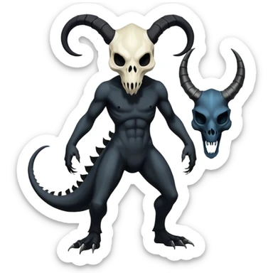 Shiny Dark Edgy  Duskull-Salandit-Inteleon-Fakémon-hybrid-creature (full body) with a horned animal-skull-mask sticker