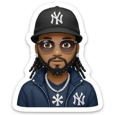 African American man with shoulder length black dreadlocks with black beard wearing black sunglasses wearing a New York Yankees logo baseball cap wearing a black bubble winter coat wearing a diamond grill in mouth with diamond cross necklace on his neck sticker