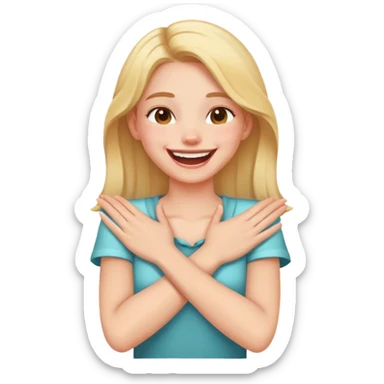 Girl laughing her hands crossed holding her neck sticker