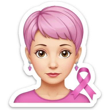 Mature Woman with pixiecut wearing earrings of pink ribbons sticker