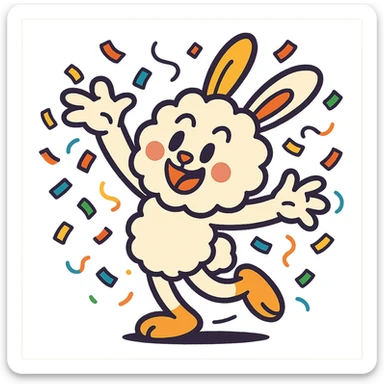 cotton bunny throwing confetti and spinning in vibrant-toon style sticker