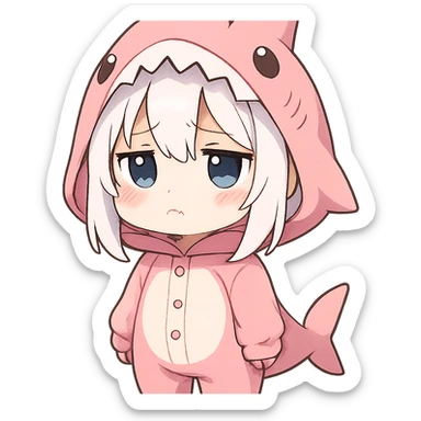 chibi style anime girl with white hair in a pink shark onesie, pouting with a sad expression sticker