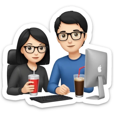 Hombre blanco con gafas, pelo negro tomando un refresco frente a un ordenador con ropa de sport,  y se ve en la pantalla del ordenador una mujer rubia tomando café sticker