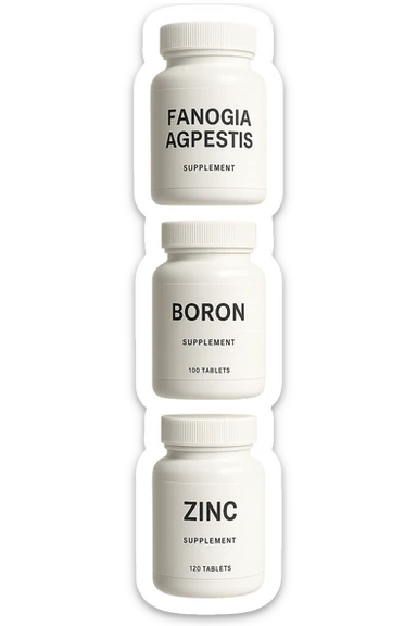 4 boccette di integratore: Tongkat Ali, Fadogia Agrestis, Boron e Zinco fluttuano in aria verticalmente sticker