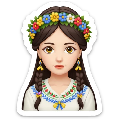 Ukrainian woman in a white embroidered shirt with dark hair in a wreath of flowers with multicoloured ribbons on her head sticker