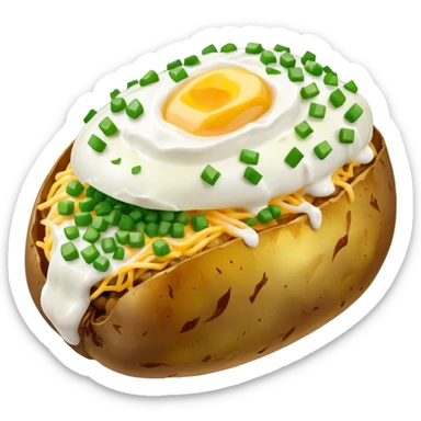 Loaded baked potato with sour cream, cheese, butter, green onions, and steam coming out of it  sticker