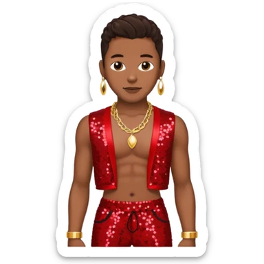 Bobby Brown with dark brown hair, red sequin bolero crop top, red sequin harem pants, shirtless with necklace sticker