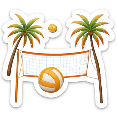 The scene captures a sunny sea beach atmosphere with clear blue sea and sky, palm trees swaying. A volleyball resting on the orange sand ground of a beach, with a volleyball net in the background.  sticker