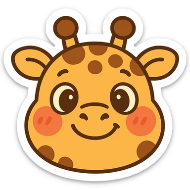 cute, stylized cartoon giraffe head with big, expressive eyes, a friendly smile, and exaggerated blush marks. The design should be simple, round, and optimized for small sizes (Twitch emoji). Use warm yellow and brown colors, with a soft outline. The expression should be happy and welcoming, perfect for a 'hi' or 'yay' emote. Cartoonish, kawaii-inspired style sticker
