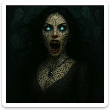 Make the beautiful scary girl look realistic, photorealistic horror portrait style. Keep gothic jewelry and supernatural features with dramatic lighting. Emphasize photorealism and horror elements in the portrait. sticker
