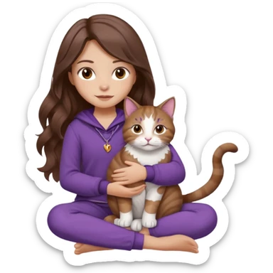 a girl with long wavy brown hair and soft brown eyes, wearing cozy purple clothes, sitting cross-legged, gently holding a tricolor cat (brown, white, and grey) in her lap, calm warm expression, iOS emoji style, soft lighting, gentle color palette sticker