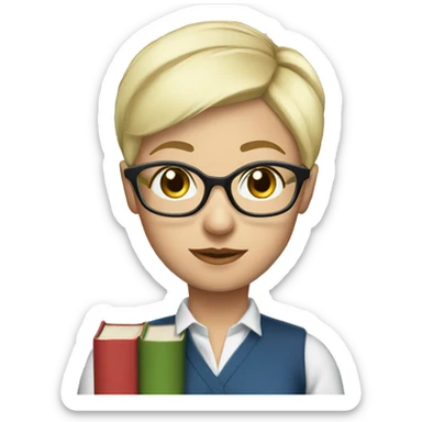 female Teacher with books glasses blonde pixie haircut blue eyes blouse sticker