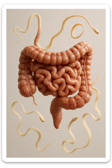 INTESTINO UMANO ANATOMICO REALISTICO FLUTTUA IN ARIA INSIEME A PARASSITI COME LA TENIA, SFONDO CHIARO, iperrealistico 4k sticker