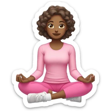 girl with light tan skin and dark loose wavy hair wearing pink exercise clothes sitting cross legged meditating with closed eyes 😌 sticker