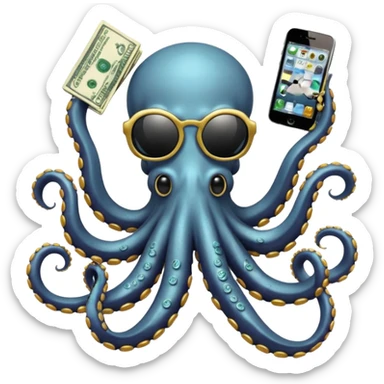 Intimidating octopus with pearl white skin, black suction cups. Wearing black mirrored sunglasses and a gold chain. 3 tentacles are holding their own cellphone with one held to the side of its face as if its on a phone call, 2 other tentacles are holding stacks of money sticker