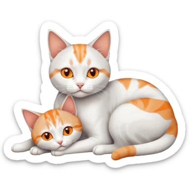 full body of a grey and white cat cuddling a very small + skinny ginger and white kitten with deep orange eyes and triangular shaped face lying down sticker
