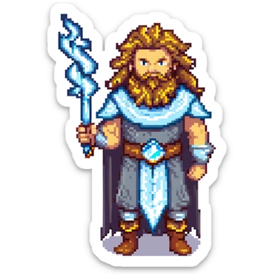 Zeus, the Greek god, with his beard, long curly hair, and regal attire, holding a lightning bolt sticker