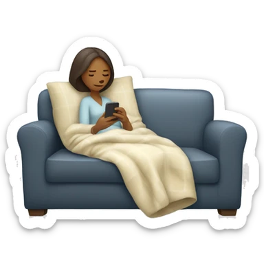 Wife laying on couch under a blanket on her phone. She is white. Have the husband behind the couch sneezy sticker