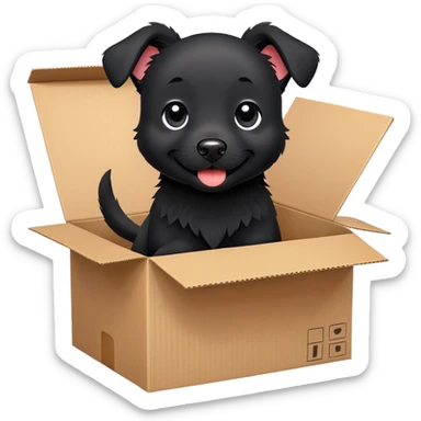  A very cute  young happy black dog with one's head tilted to one side poked its paws out of the cardboard big box and placed them on top of it sticker
