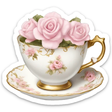 White teacup with baby pink floral antique print with gold accents  sticker
