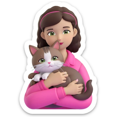 character with dark brown hair clipped back with a hairpin, sweet eyes, pink outfit, cuddling a cat sticker