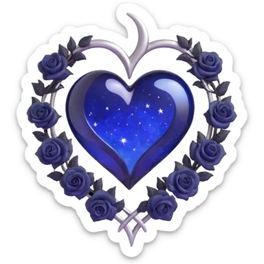 gothic heart made of midnight blue glass with a silver crescent moon, tiny black roses, shimmering stardust, swirling galaxy background sticker