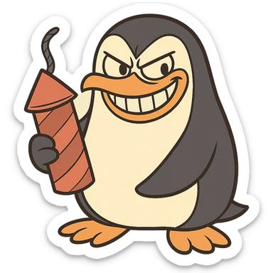 penguin holding a firework, grinning menacingly sticker