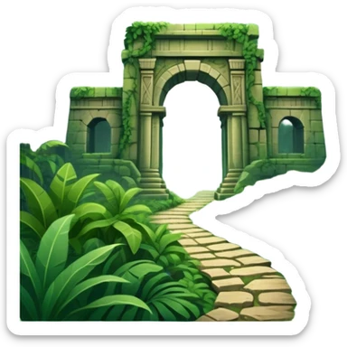 Icon for Adventure Movie: A vintage movie poster-style design with a jungle clearing path, dense foliage surrounding it. In the distance, ancient ruins peek through the trees. The atmosphere is mysterious and adventurous, with soft light cutting through the trees. Transparent background. sticker