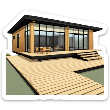 midcentury modern house with 1000 sqft and all windows and a sliding windows on corner. Single story. High ceilings, black and vertical wood slats for outside walls of home. Wood deck with complementary but different wood and shade from larger wood slats. With overhanging shade and slats. sticker
