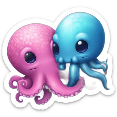 an adorable blue kraken hugging another pink kraken  adorable sticker