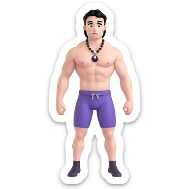 young white man with black hair, muscular, shirtless with prominent nipple piercings, nipple rings sticker